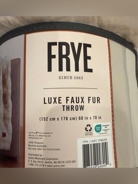 NEW !!! FRYE Luxe Faux Fur Throw, 60" X 70" Color beige Cream.